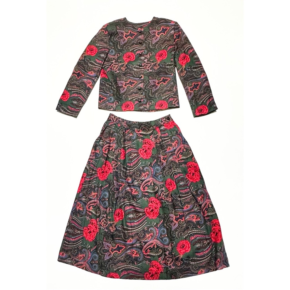 Vintage 80s Béchamel 2 Piece Matching Set Skirt + Jacket Paisley Red Rose Print